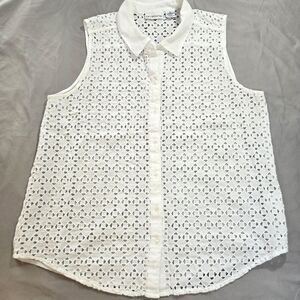 Liz Claiborne White Sleeveless Eyelet Button up Sheer Back Blouse Shirt Size L